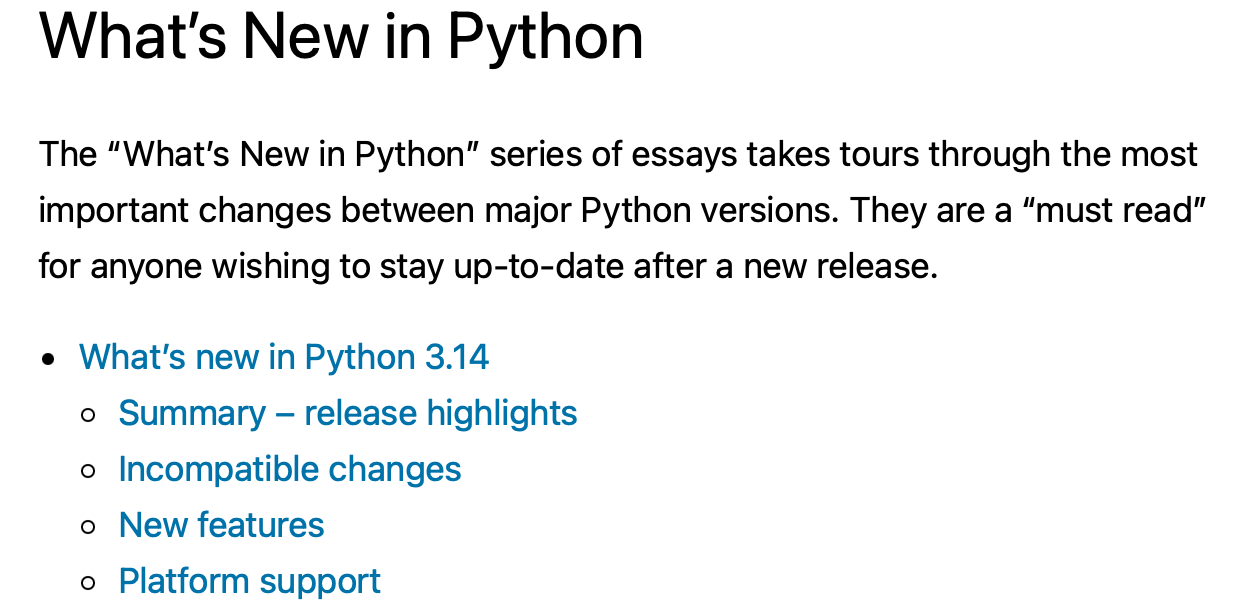 Screenshot of the 'What's New in Python' hub showing sections like Release Highlights, New Features, Optimizations